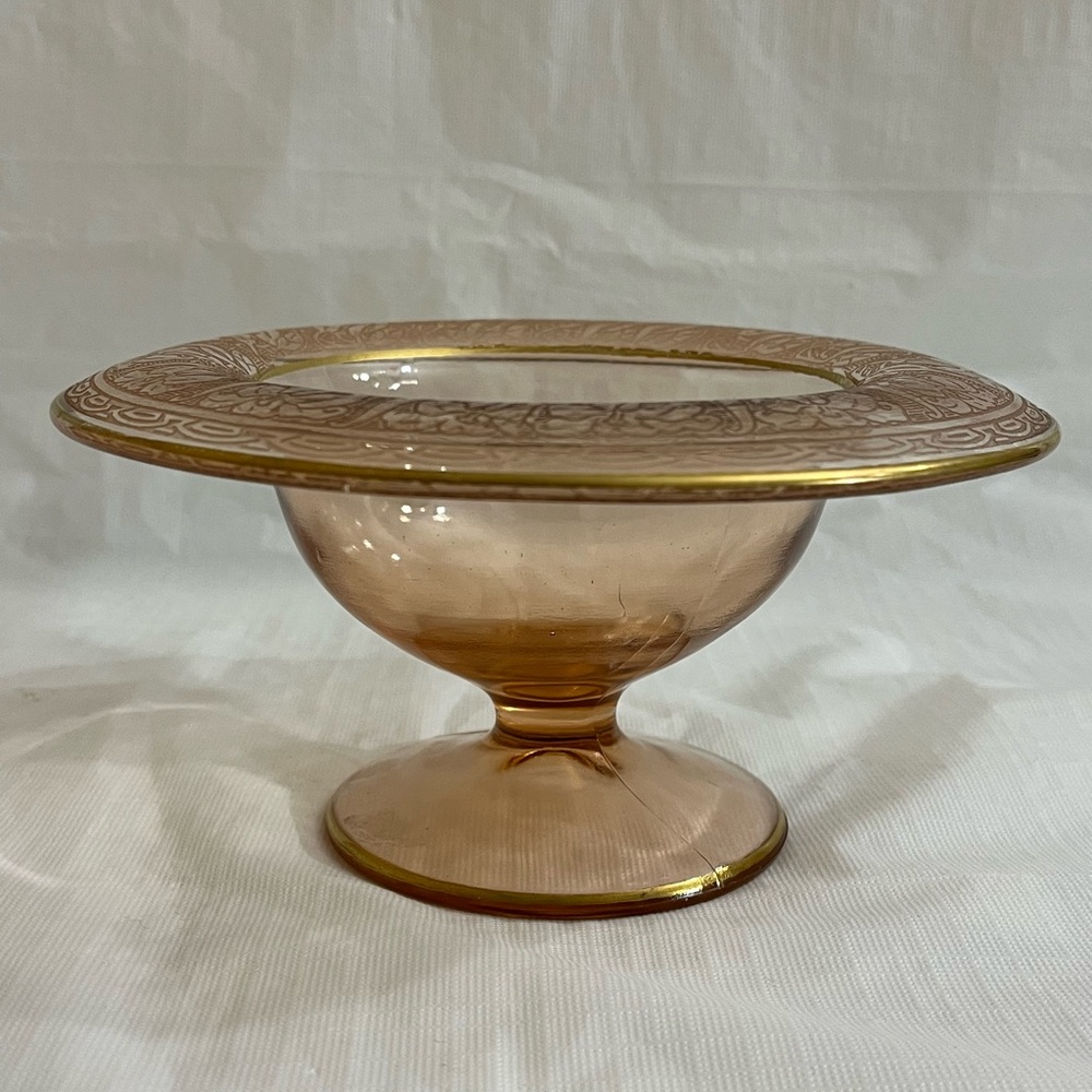 Pink Lily Etched Flowers Mayonnaise Bowl With Gold Trim 7" Across Vintage